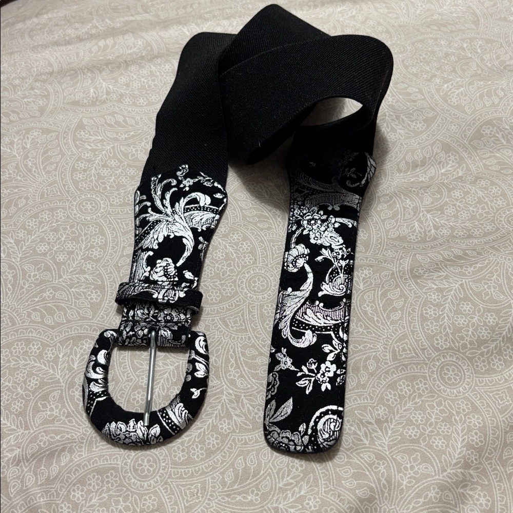 Black and Silver Floral Elastic Belt